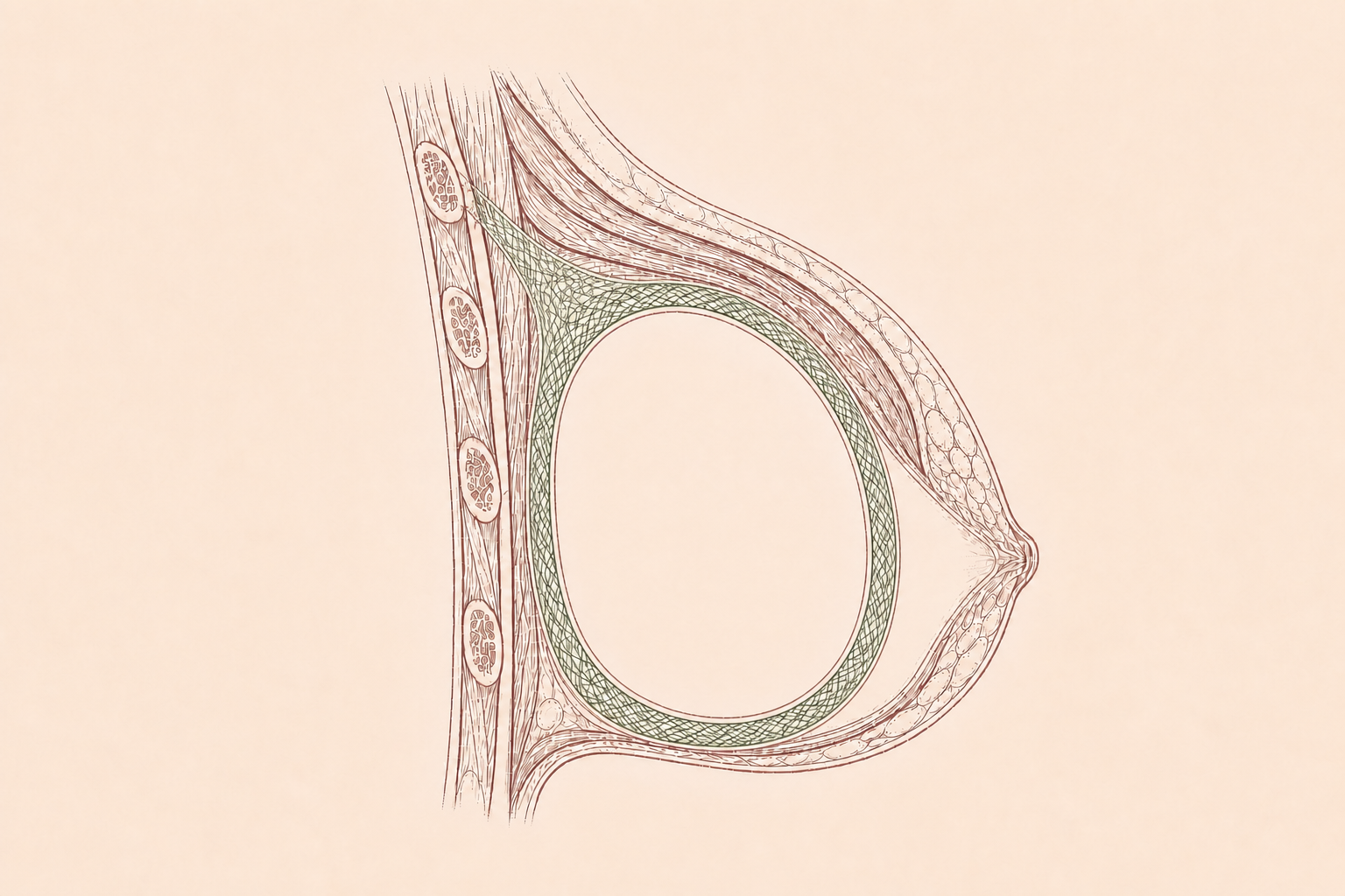 Hand-drawn sagittal breast anatomy showing green TIGR mesh closely surrounding an implant and fixed to the third rib